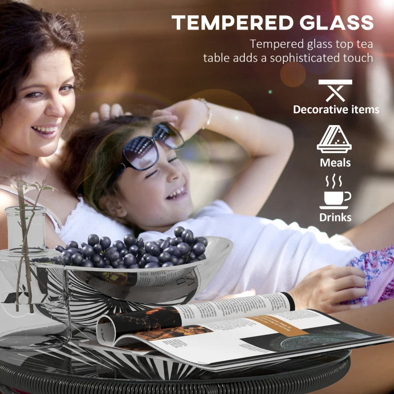 Round Black Rattan Side Table - Outdoor Coffee Table with Tempered Glass Top for Patio, Garden, Balcony - 18" Diameter