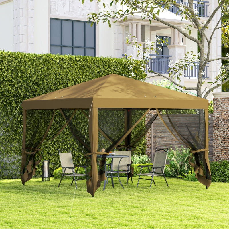 3m x 3m Khaki Pop Up Gazebo - 420D Garden Tent Canopy with Removable Mesh Sidewall Netting & Carry Bag for Outdoor Patio