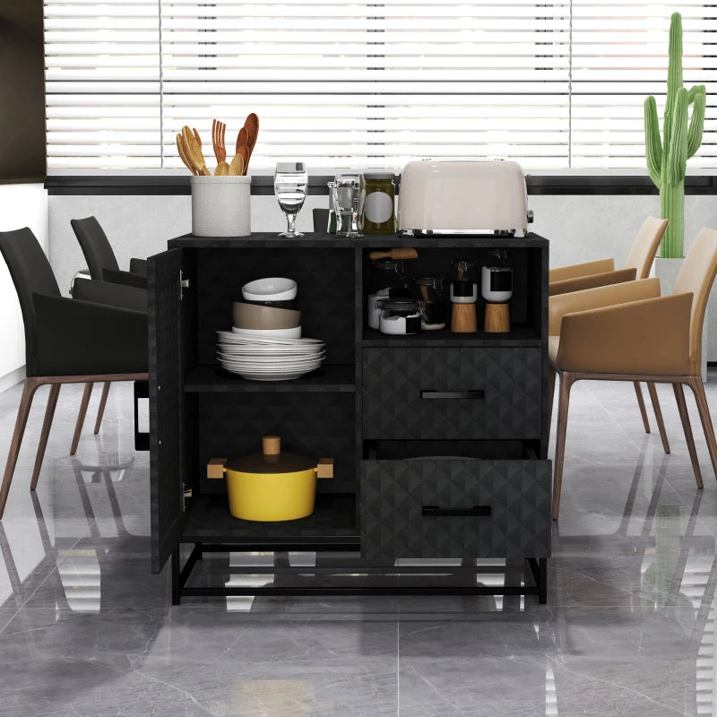 Modern Black Sideboard Storage Cabinet with Adjustable Shelf, Open Compartment & 2 Drawers - Stylish Freestanding Furniture