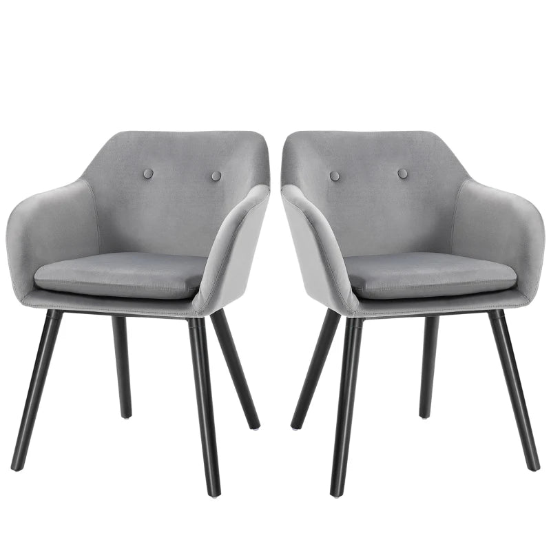 Modern Velvet Dining Chairs Set of 2 - Upholstered Leisure Chairs with Backrest & Armrests for Home Office & Kitchen - Grey