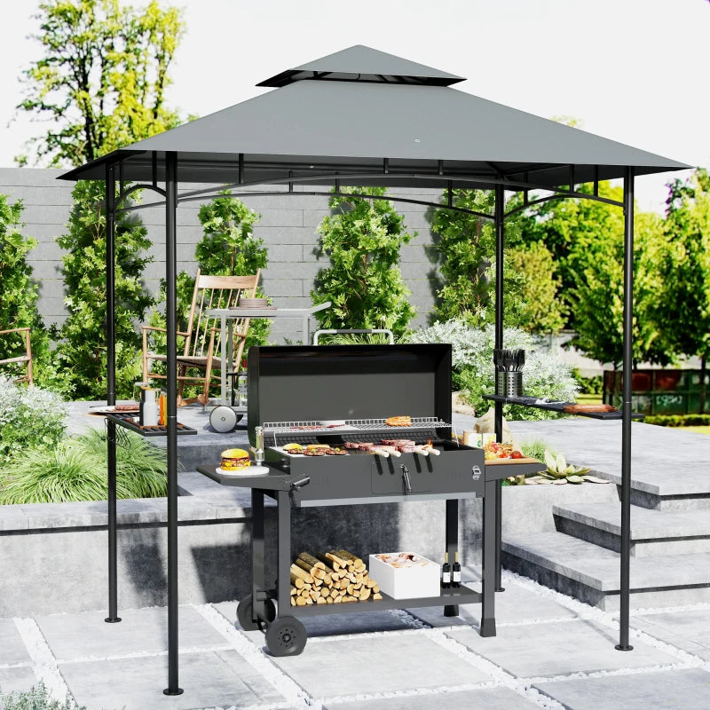 8' x 5' Dark Grey Double Tiered BBQ Grill Gazebo Canopy with LED Lights, 2 Side Shelves and Hooks