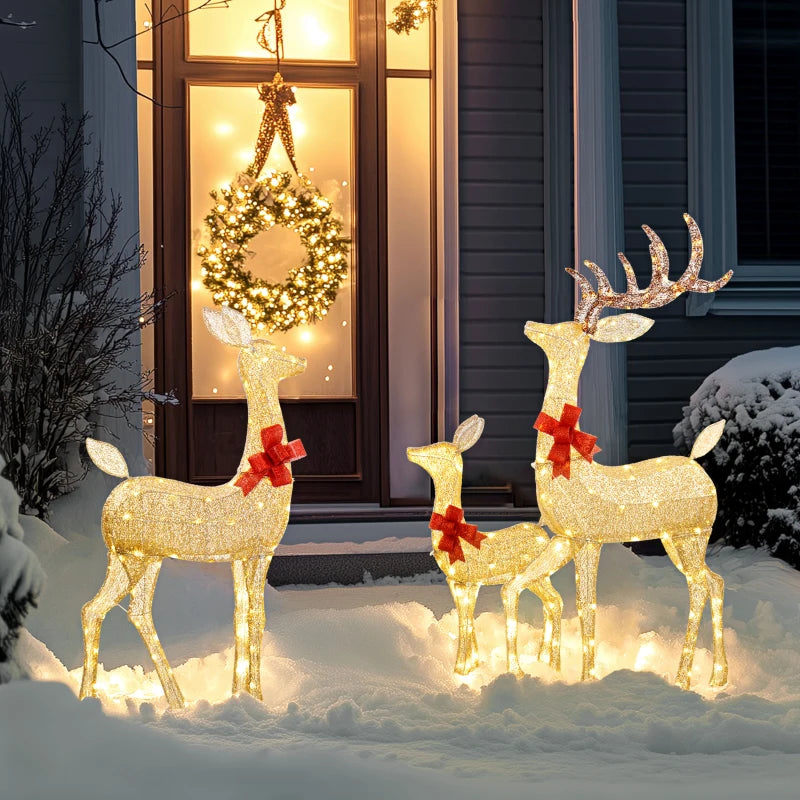 Lighted Reindeer Christmas Decorations - 3-Piece LED Deer Family Set for Outdoor Lawn & Garden - Gold Tone