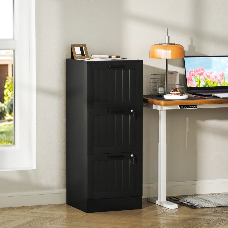 Secure 3 Drawer Filing Cabinet with Lock - Adjustable Hanging Bars for A4 Files - Stylish Black Office Storage Solution