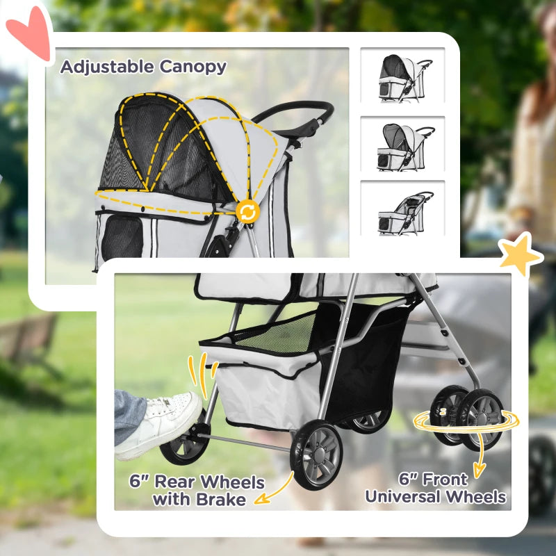 Foldable Pet Stroller for Small Dogs & Cats - Travel Carriage with Wheels, Zipper Entry, Cup Holder & Storage Basket - Grey