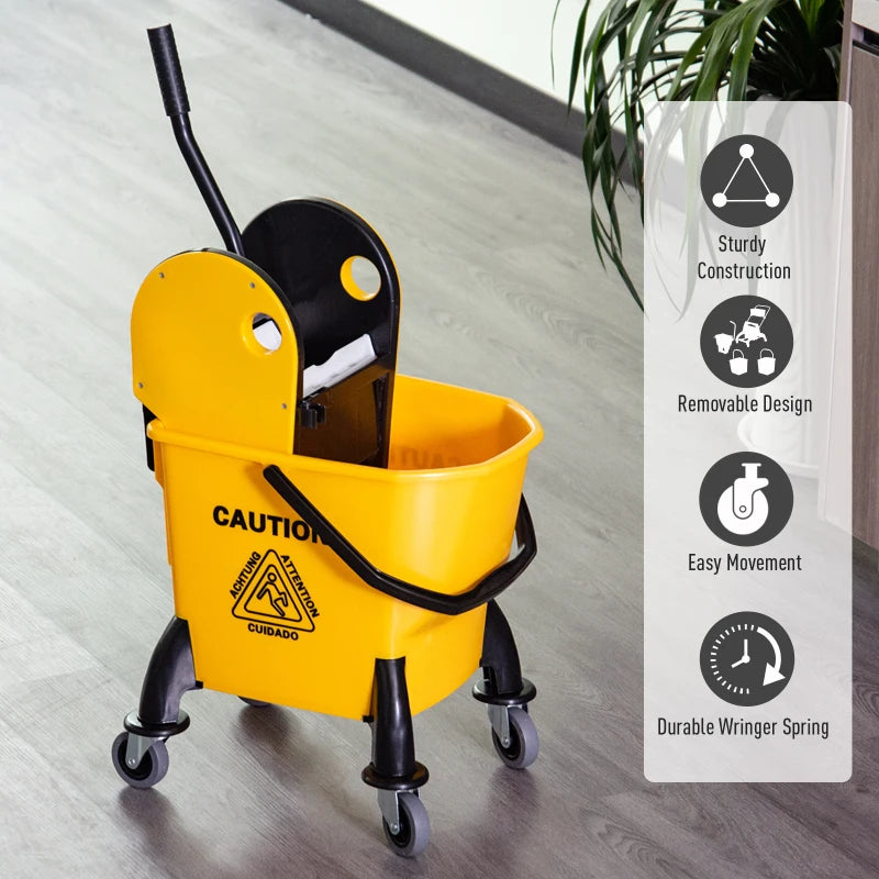 25L Yellow Mop Bucket with Wringer, Wheels & Handle - Heavy Duty Cleaning Tool for Home & Commercial Use