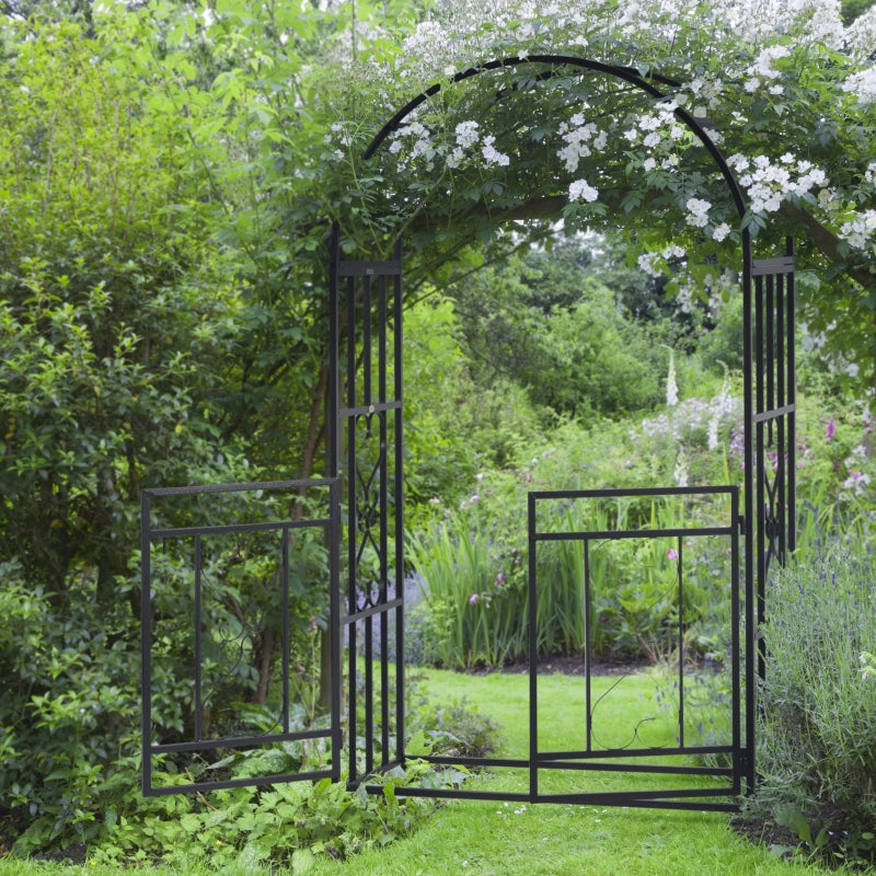 Metal Garden Arch with Double Gates for Climbing Plants, Roses, Vines - Outdoor Wedding Arbor