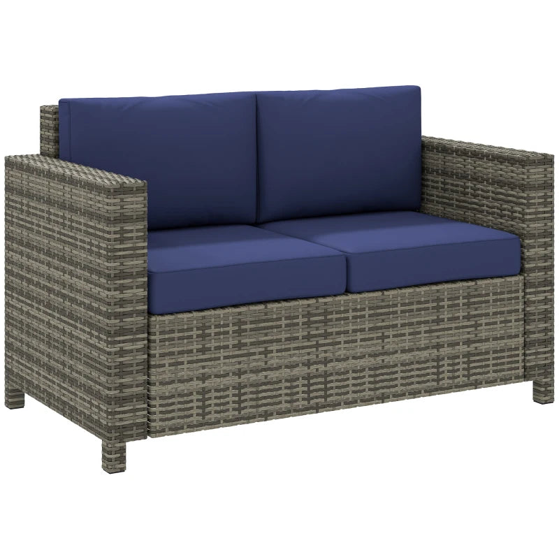 Navy Blue Rattan 2 Seater Garden Sofa with Soft Padded Cushions and Armrests - Wicker Loveseat for Patio