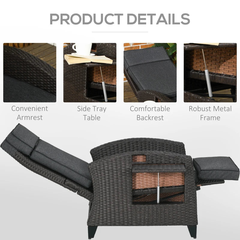 Grey Outdoor Recliner Chair with Adjustable Backrest, Footrest, Cushion, and Side Tray