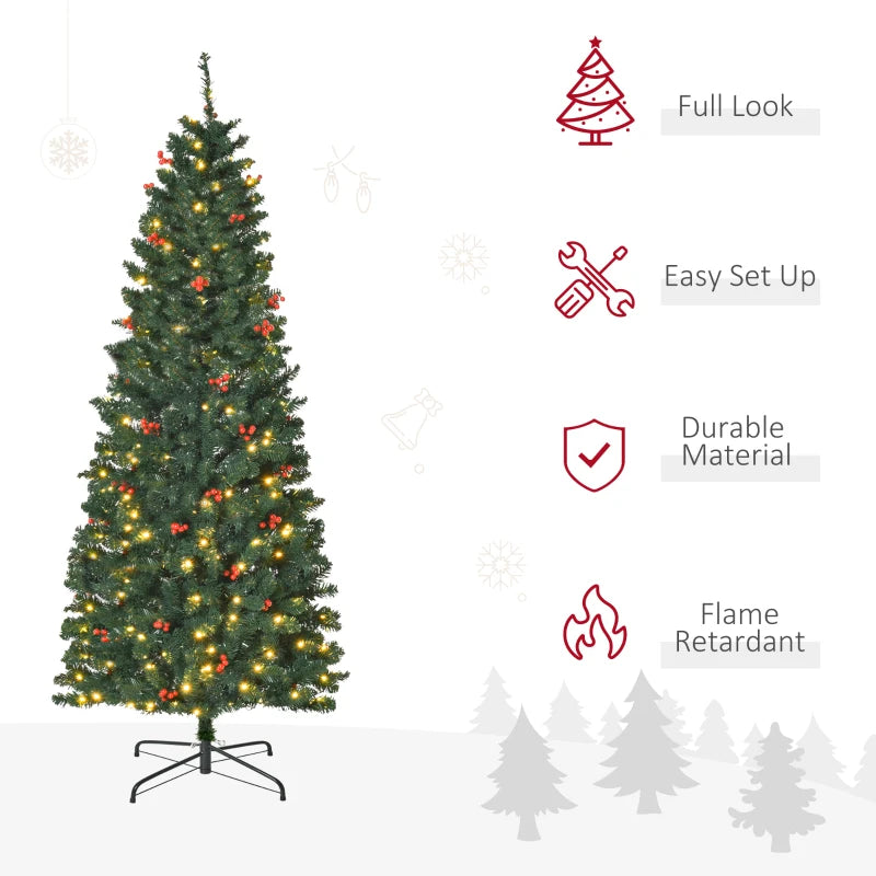6FT Prelit Artificial Pencil Christmas Tree with Warm White LED Lights & Red Berries - Festive Holiday Home Decoration