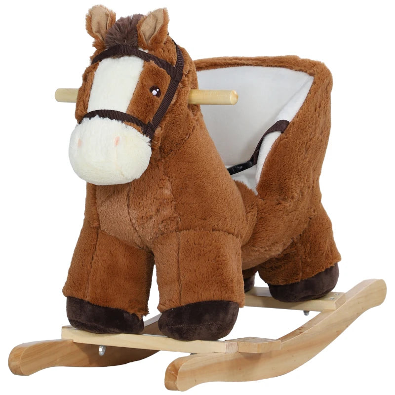 Plush Rocking Horse for Kids with Sound Wooden Base Ride On Toy for Ages 18 to 36 Months Brown