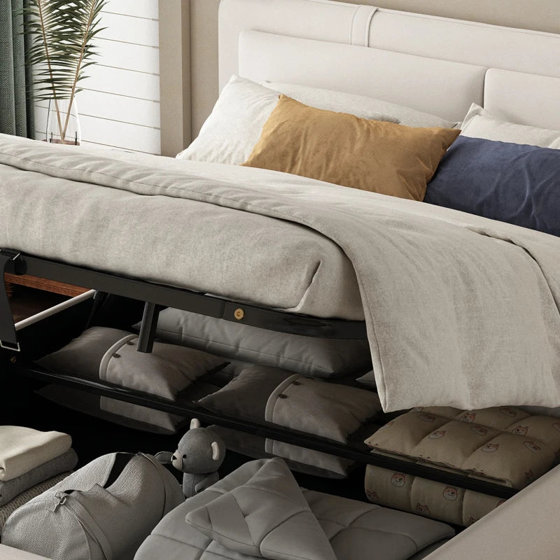 Upholstered Double Bed with Hydraulic Storage & Headboard - Full-Size Beige Bed for Bedding Storage, 210x159x90 cm