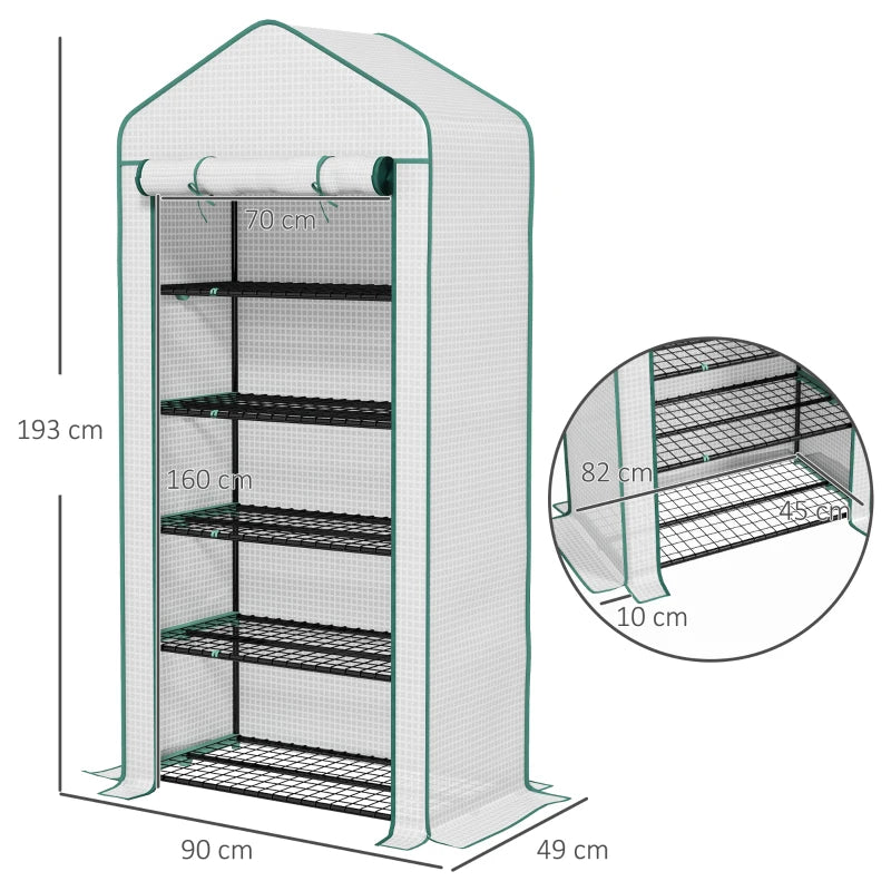 Portable White 5 Tier Mini Greenhouse with Roll-up Door, 193H x 90W x 49Dcm
