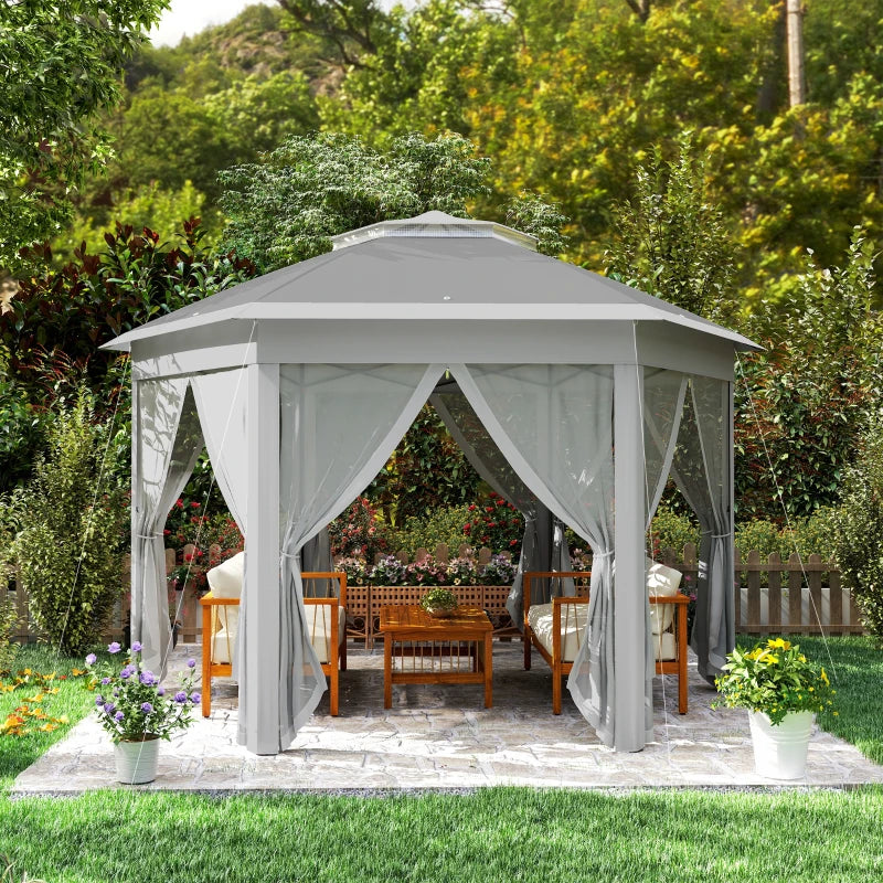 3x4m Dark Grey Hexagon Garden Gazebo - Pop Up Party Tent Canopy with Double Roof, Netting & Carry Bag for Outdoor Patio