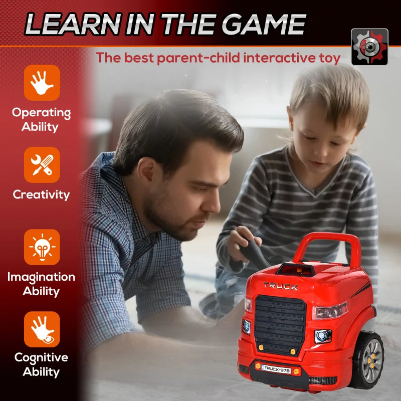 Kids Truck Engine Toy Set Educational Car Service Station Playset Take Apart Workshop with RC Car Key Steering Wheel Horn Light for Toddlers Ages 3 to 5 Red