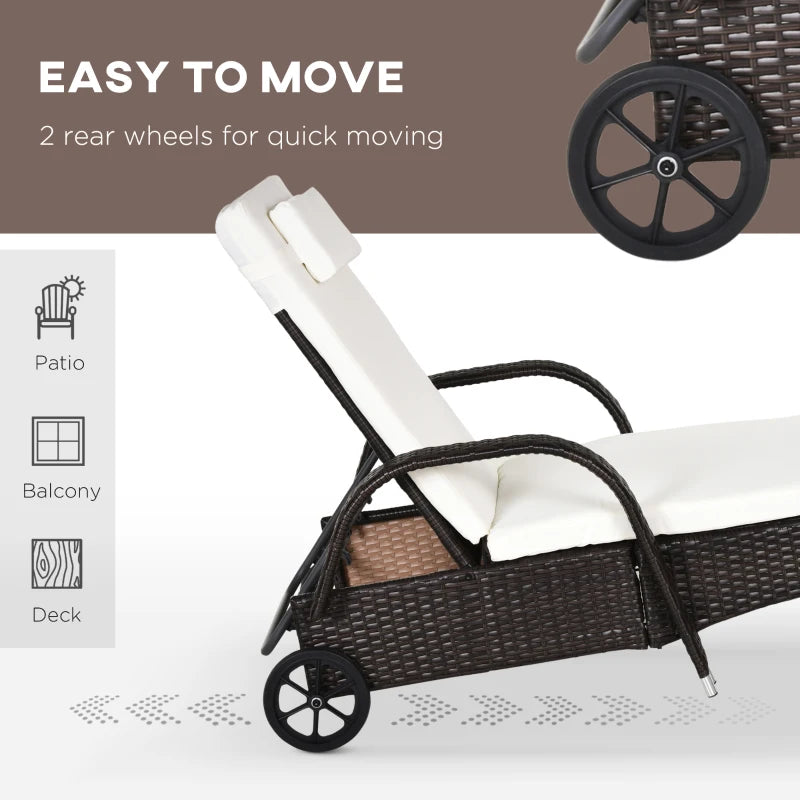 Brown Rattan Outdoor Recliner Set with Wheels and Cushions