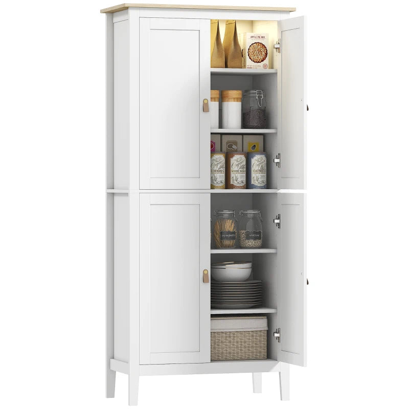176.5 cm Tall White Pantry Cupboard with Motion Sensor LED Light for Kitchen Storage
