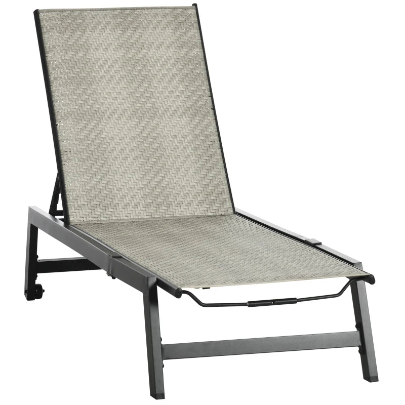 Grey Rattan Sun Lounger with 5-Position Backrest and Wheels