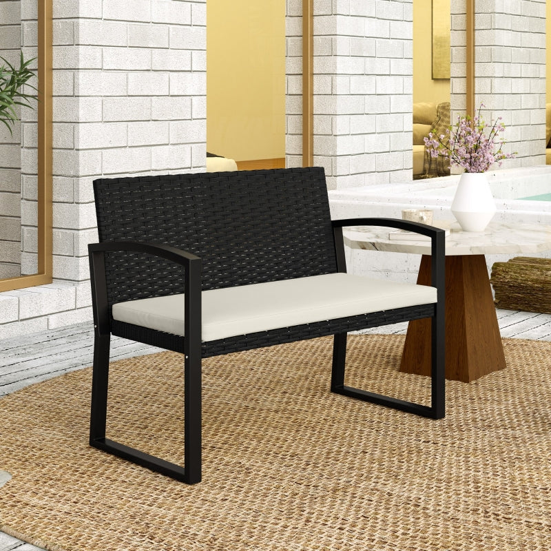 Two-Seater Rattan Garden Bench - Beige and Black - Outdoor Patio Furniture