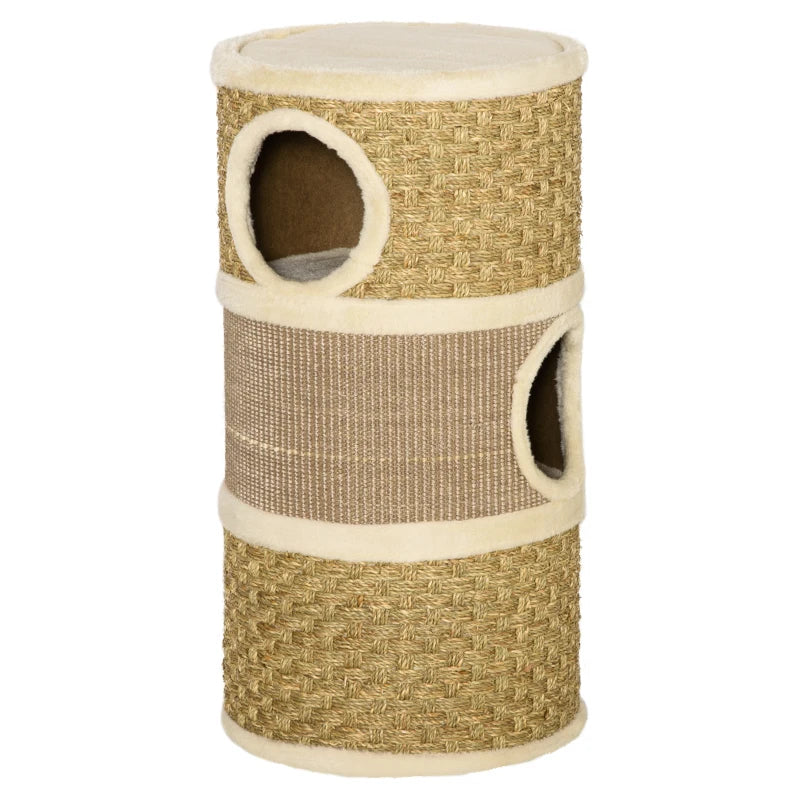 Cat Scratching Barrel Kitten Tree Tower Indoor Pet Furniture Climbing Frame with Sisal and Seaweed Rope Cozy Plush Platform