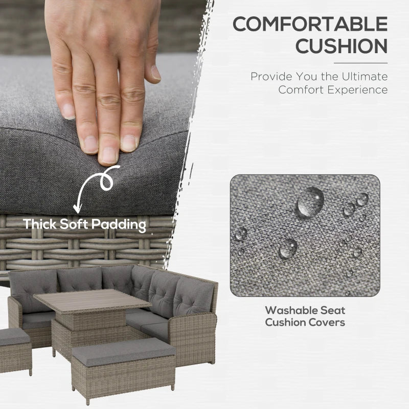 6 Pieces Light Grey Outdoor PE Rattan Garden Furniture Set - Patio Wicker Sectional Sofa with Soft Padded Cushions & Liftable Coffee Table