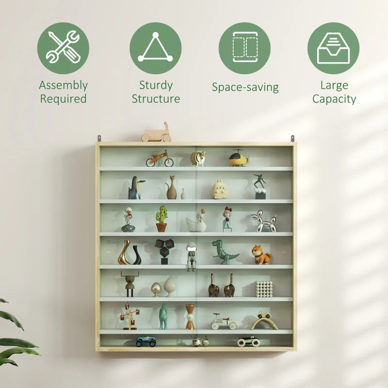 7-Tier Oak Wall Display Shelf Unit with Glass Doors & 6 Adjustable Shelves for Home Office Ornaments - 83x80cm