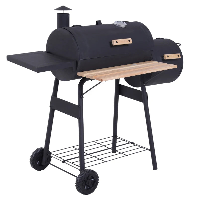 Portable Charcoal BBQ Grill, Cold-Rolled Steel & Solid Wood, Black, 104x124x53 cm