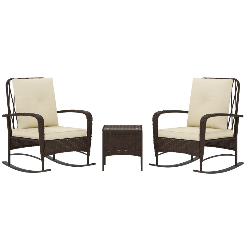 Brown Rattan Three-Piece Rocking Chair Bistro Set - Outdoor Furniture, Comfortable Seating