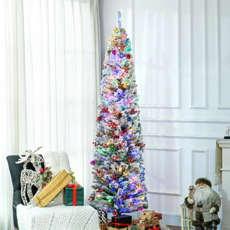 7ft Snowy Artificial Christmas Tree with Lights, Pine Cones & Decorations - Perfect Holiday Home Decor