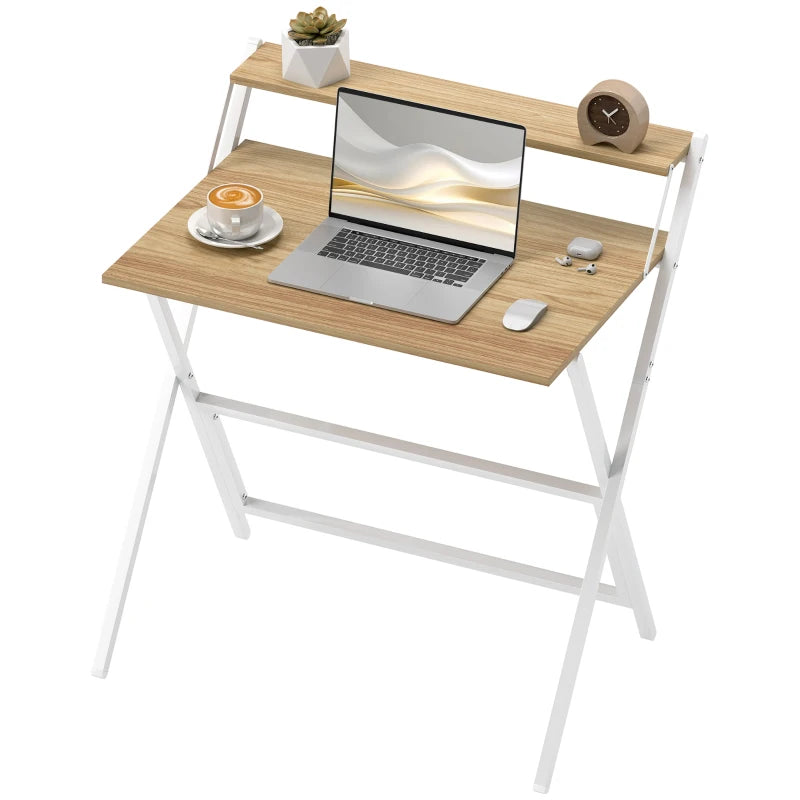 81.5 cm Folding Computer Desk with Monitor Shelf - Stylish Natural Wood Finish for Home Office & Study