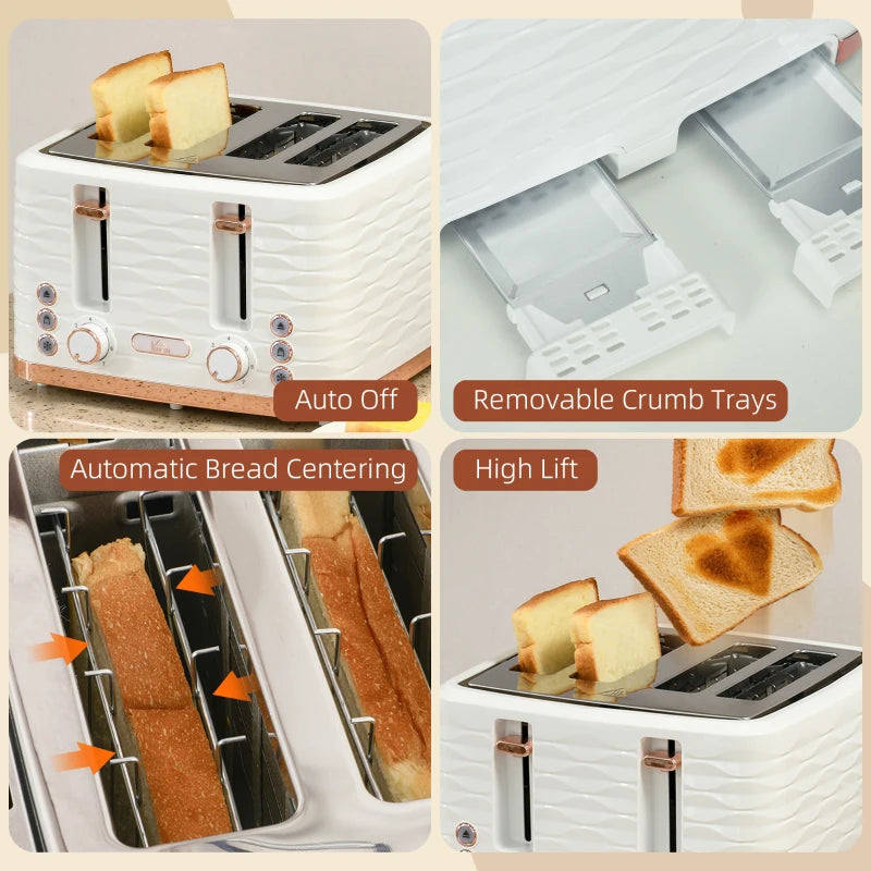 Premium Four-Slice Rippled Toaster in White - Fast Toasting, Stylish Design, Perfect for Family Breakfasts