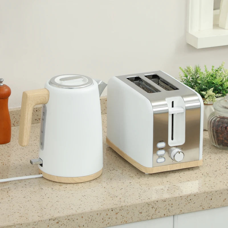 Stainless Steel Kettle & Toaster Set - 1.7L Fast Boil Kettle 3000W & 2 Slice Toaster with 7 Browning Levels, White