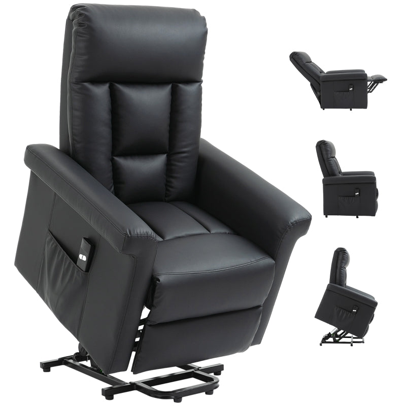 Power Lift Recliner Chair for Elderly - PU Leather Armchair with Extended Footrest, Remote Control and Side Pocket, Black