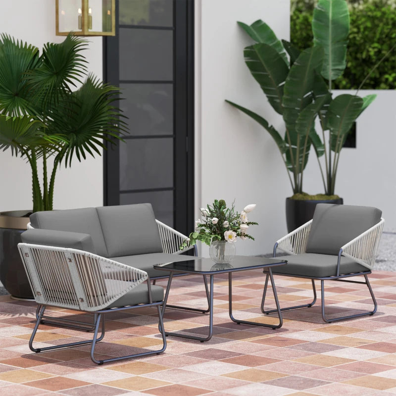 4 Piece Grey Rattan Garden Furniture Set - Wicker Patio Outdoor Loveseat, Armchairs, Glass Top Coffee Table with Cushions for Patio, Conservatory, Balcony