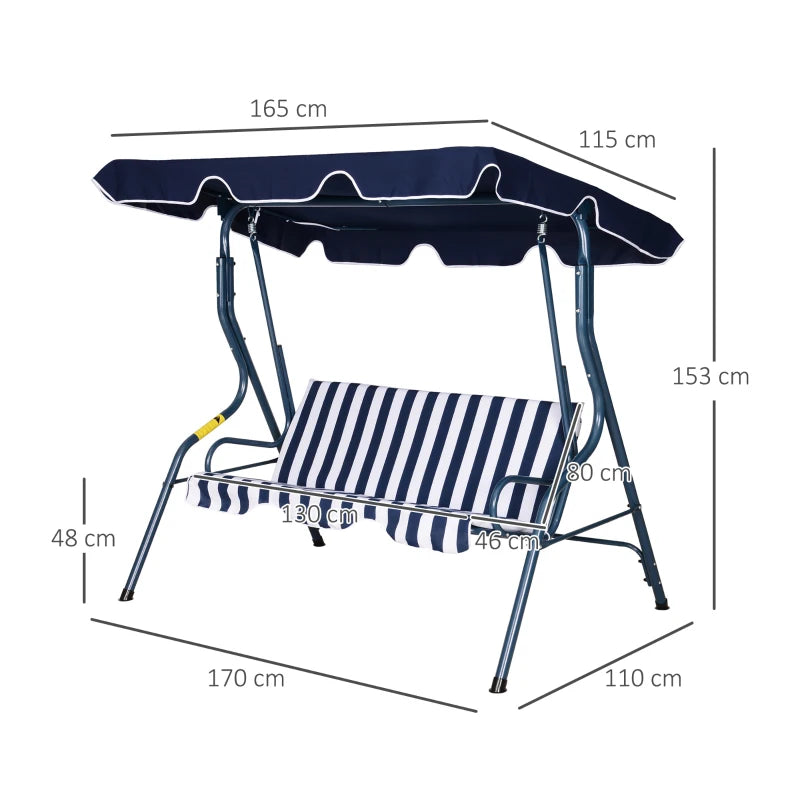 Blue Striped 3-Seater Outdoor Swing Chair with Adjustable Canopy
