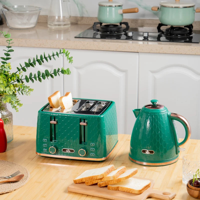Green Kettle and Toaster Set - 1.7L Fast Boil Jug Kettle & 4 Slice Toaster with 7 Browning Levels, UK Thermostat