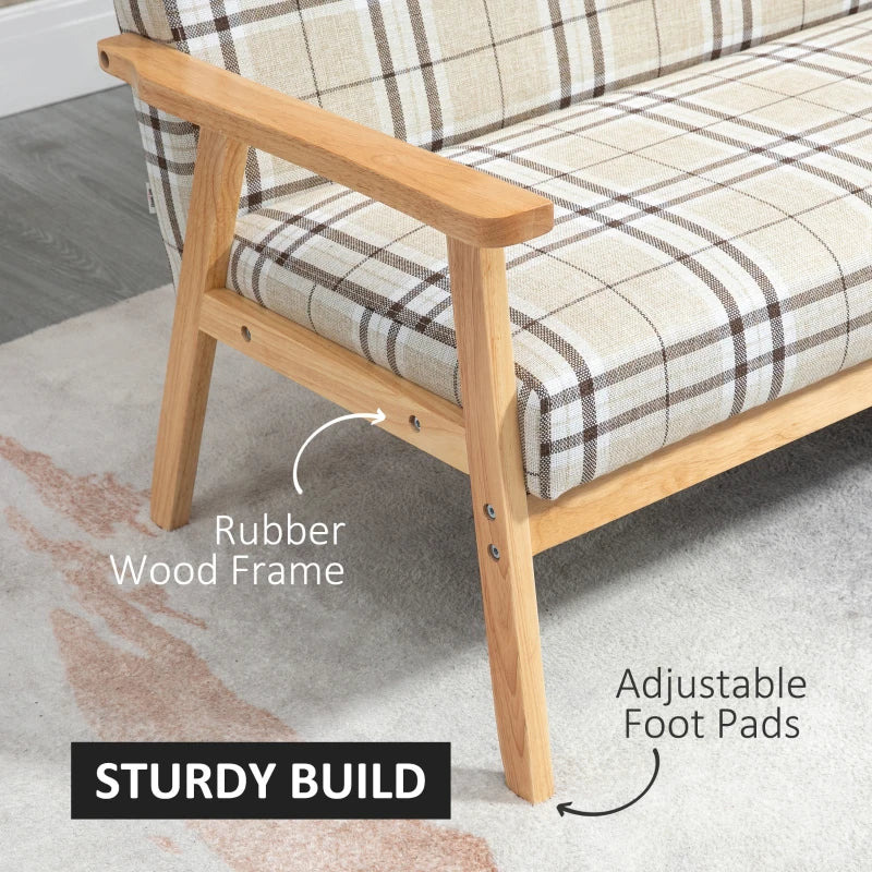 Compact Loveseat Sofa with Lattice Design and Rubber Wood Frame in Beige and Coffee