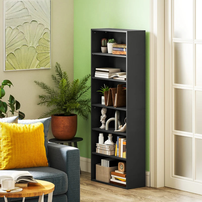 Stylish Black Six Shelf Bookcase - Modern Storage Solution for Home or Office, Perfect for Books and Decor