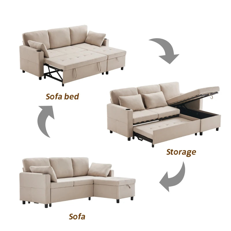 Linen Look L-Shaped Corner Sofa Bed with Storage, 3-Seater Convertible Settee with Cup Holders, Beige