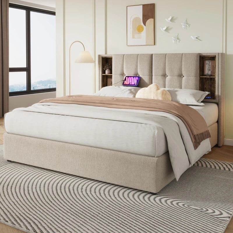 Upholstered Double Bed with Wireless Charging and Hydraulic Storage in Natural Linen Fabric