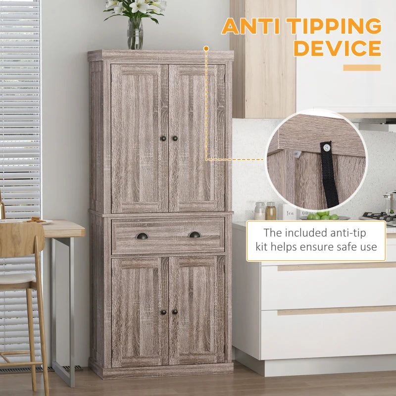 Freestanding 184cm Tall Kitchen Cupboard - Traditional Colonial 4-Door Pantry Storage Cabinet with Drawer, Dark Wood Grain Finish