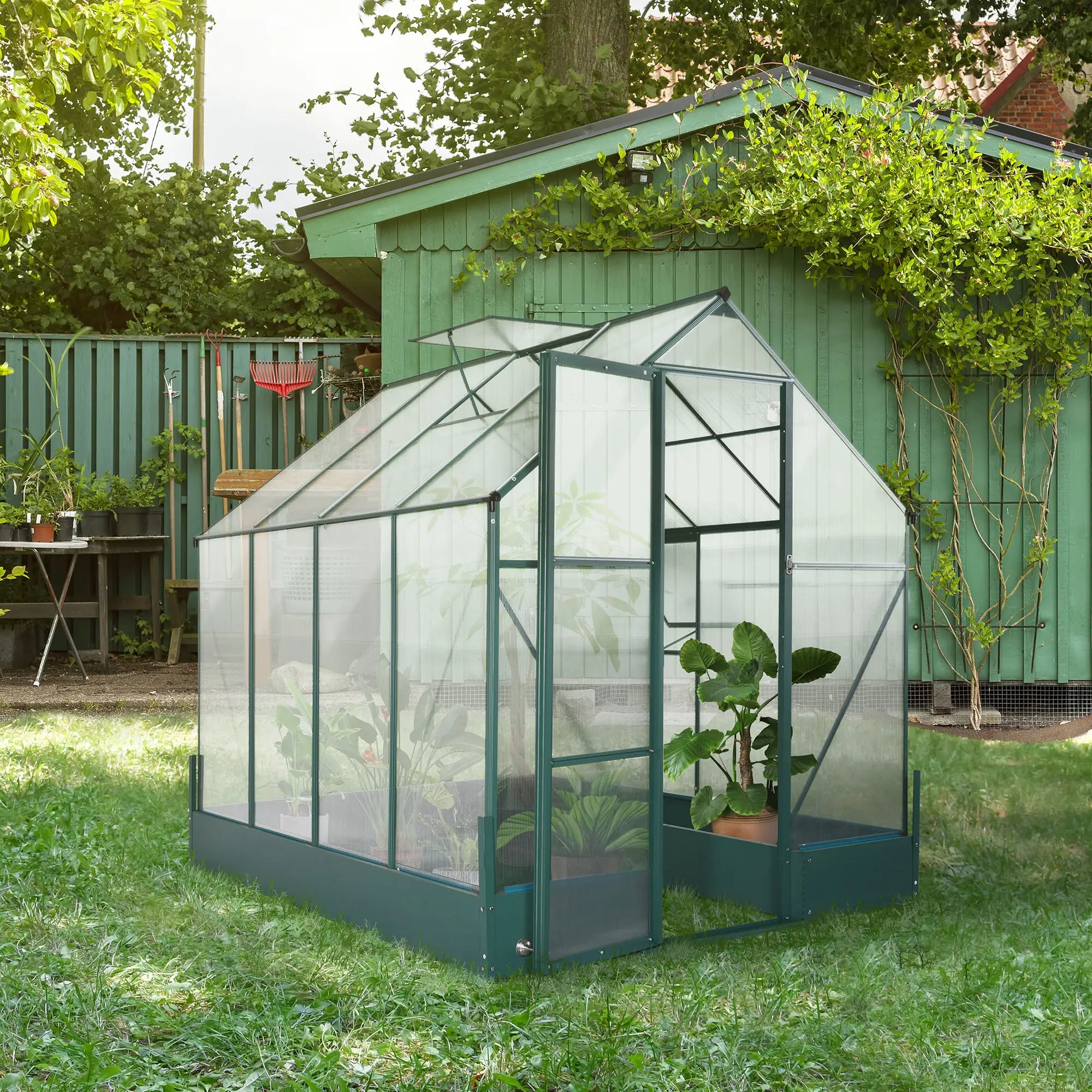 Green 6ft x 8ft Polycarbonate Greenhouse With Aluminium Frame and Temperature Controlled Window and Foundation