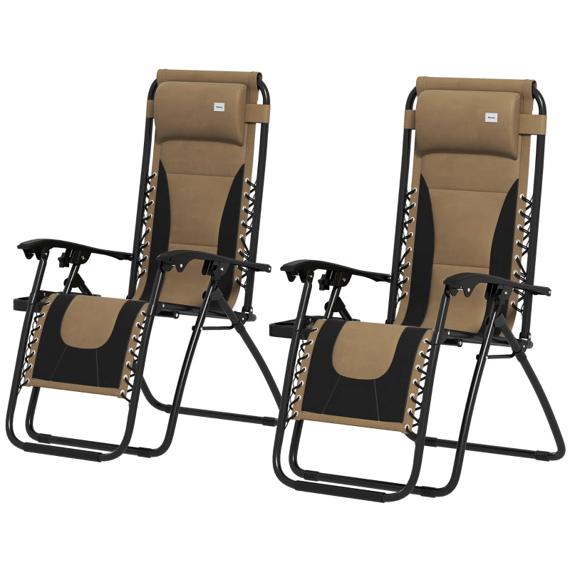 Grey Sun Lounger Chair Set of 2 - Folding Reclining Patio Chairs with Padded Seat, Soft Cushion, Headrest, and Cup Holder