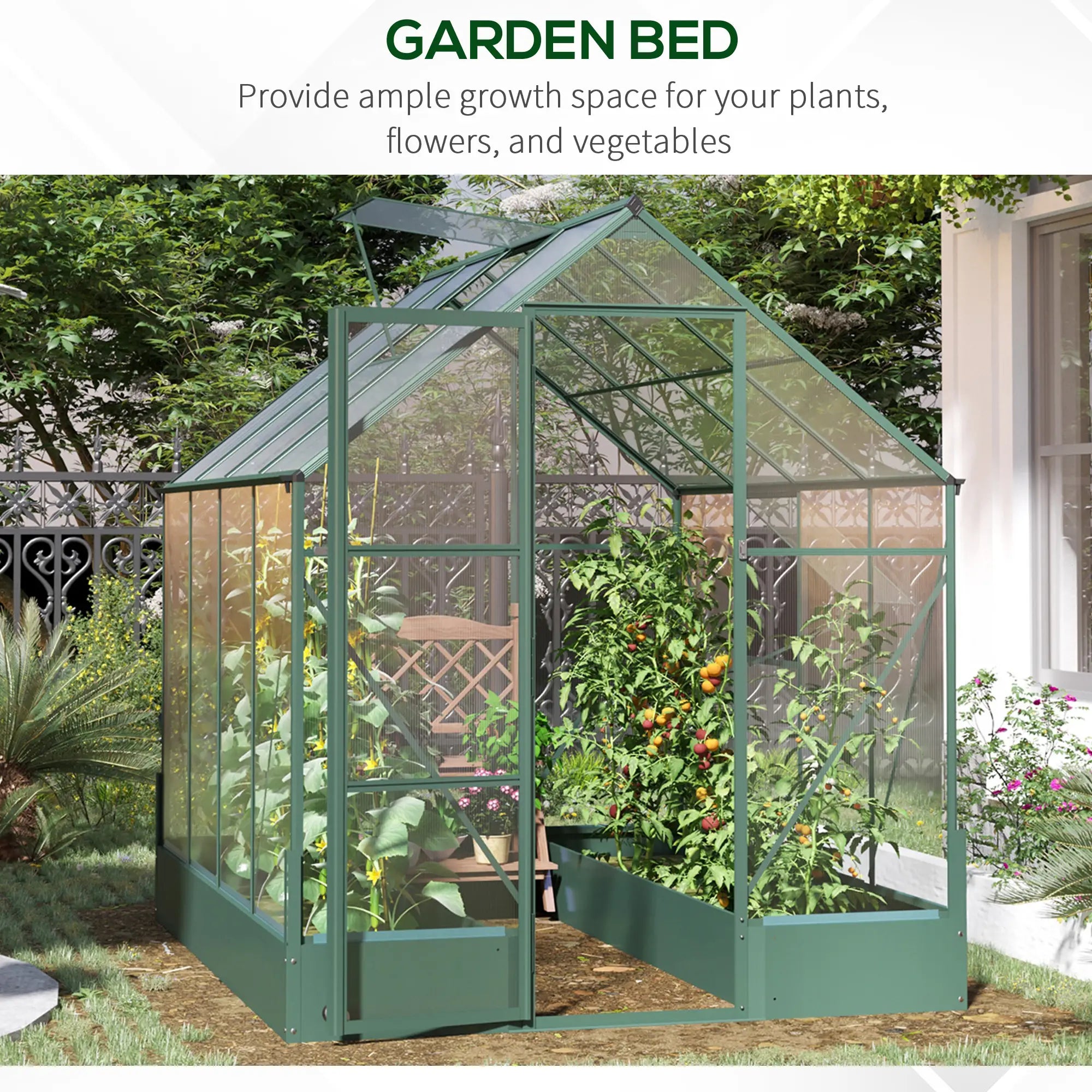Green 6ft x 8ft Polycarbonate Greenhouse With Aluminium Frame and Temperature Controlled Window and Foundation
