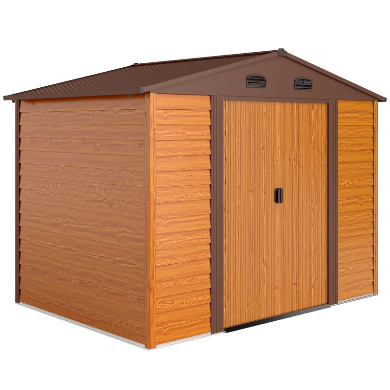 Brown 9ft x 6ft Metal Garden Shed - Garden Tool Storage Space with Vents, Sliding Doors & Sloped Roof
