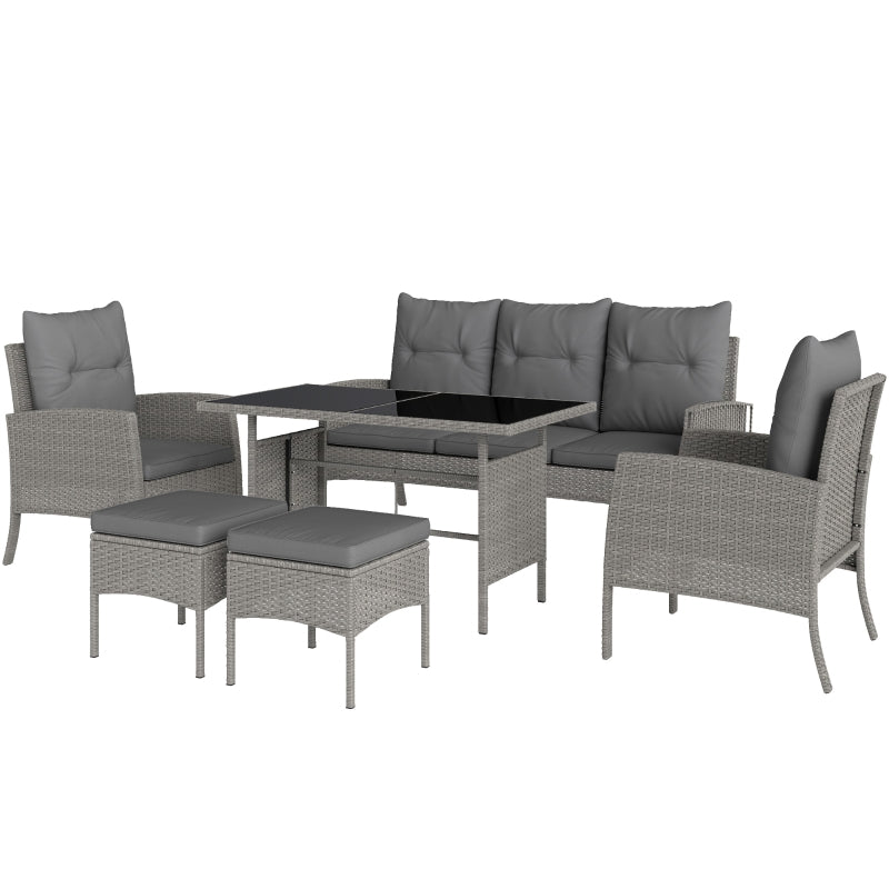 5-Seater Grey Rattan Garden Furniture Set - 2 Armchairs, 3-Seater Wicker Sofa, 2 Footstools & Glass Table - 6 Piece Patio Sofa Set with Cushions for Conservatory