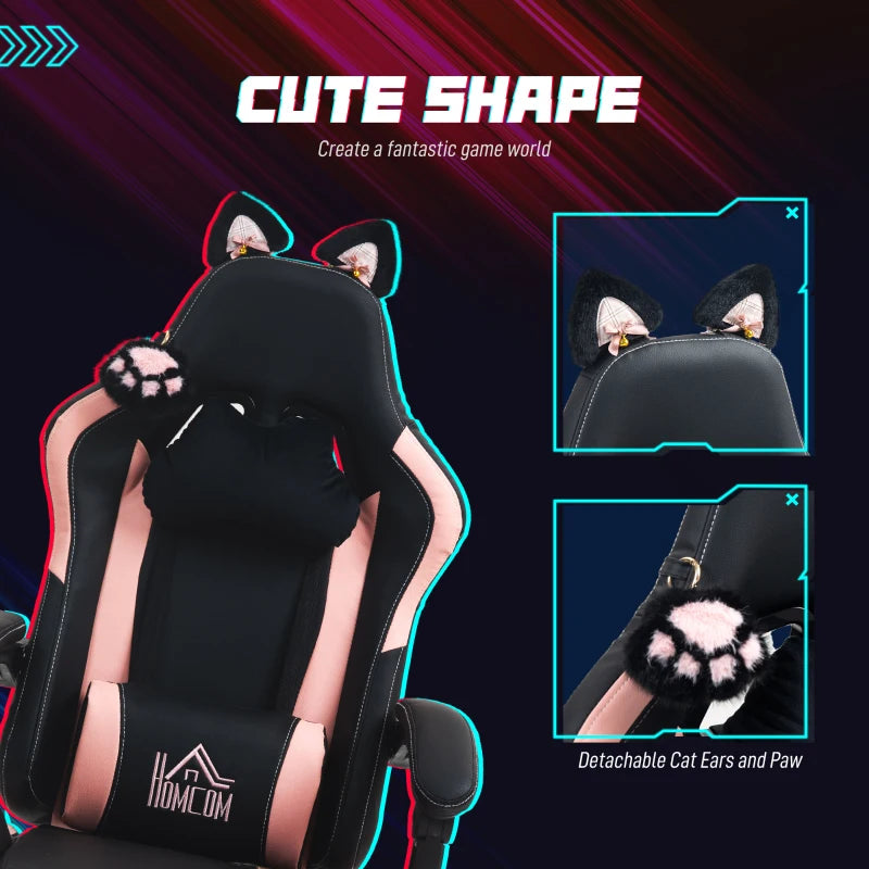 Cat Ear & Paw Reclining Office Chair with Footrest - Stylish Black & Pink Gaming Chair for Cat Lovers