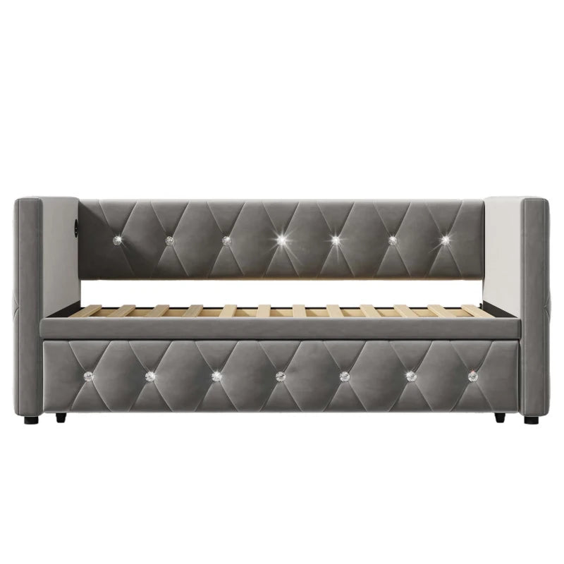 Elegant Velvet Upholstered Daybed with USB & Type C Ports, Pull-Out Trundle, Grey Sofa Bed for Bedroom, 203x101-194x76 cm