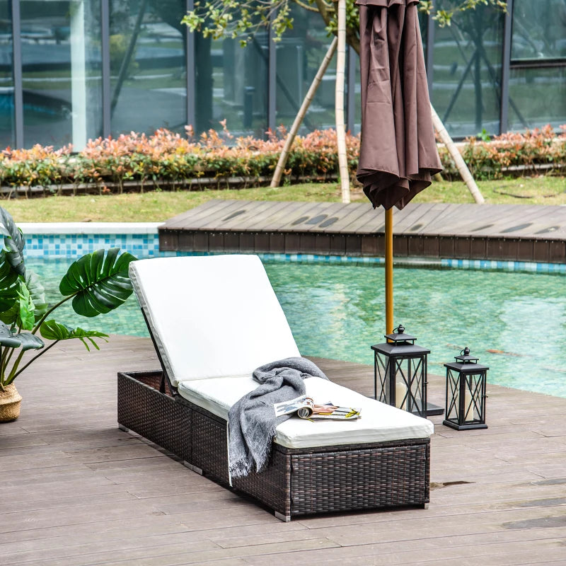 Adjustable Rattan Sun Lounger with Cushion, Mixed Brown
