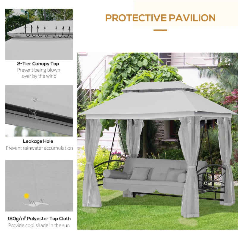 3 Seater Outdoor Swing Bed with Canopy, Cushioned Seat - Light Grey
