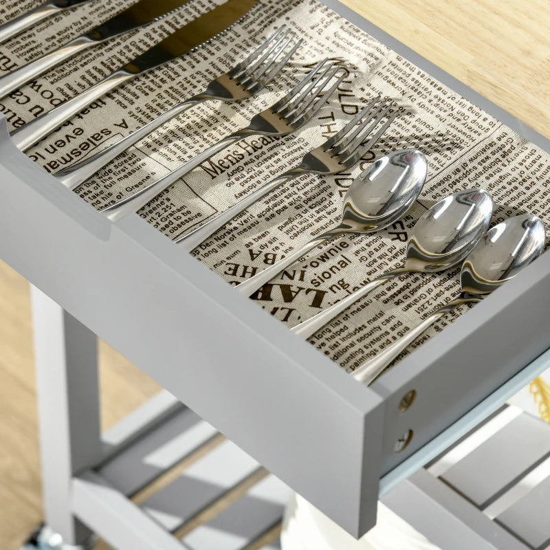 Grey Kitchen Trolley Utility Cart on Wheels with Rubberwood Top, Towel Rack, Storage Shelves & Drawer for Dining Room